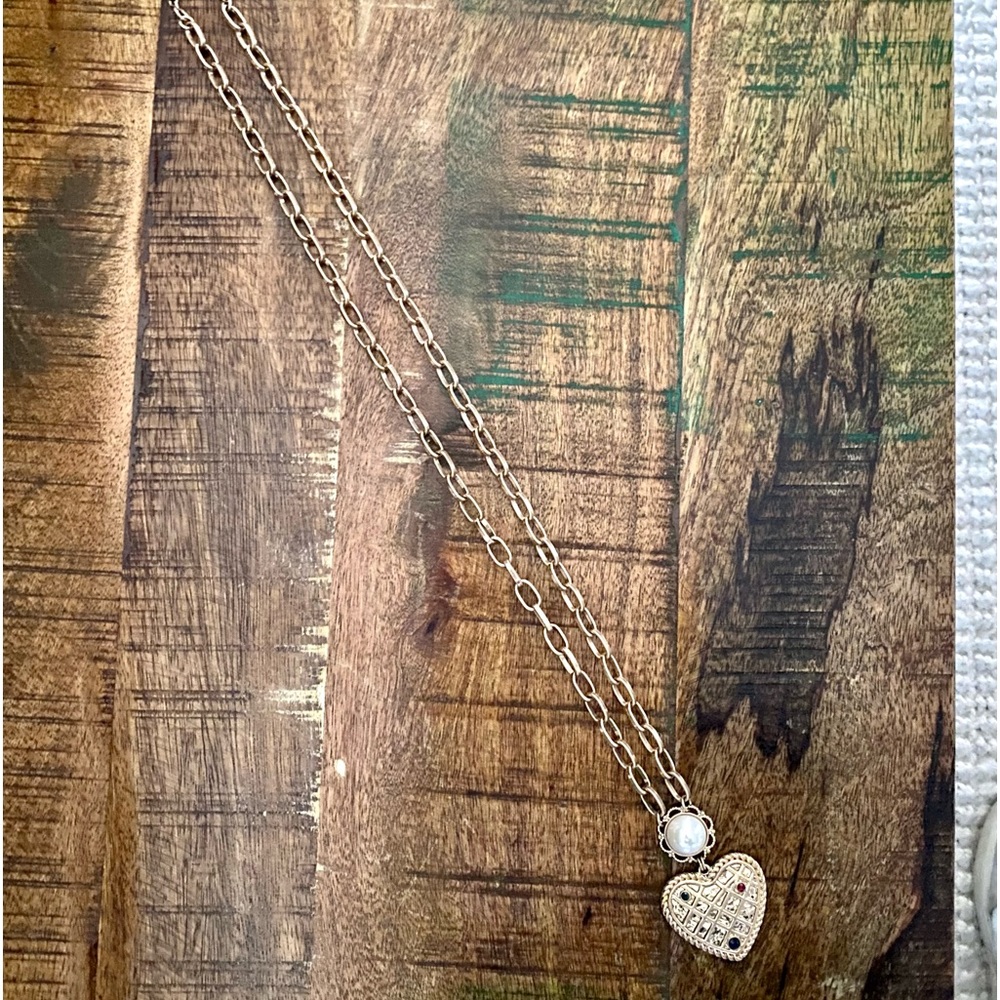 CAbi gold layered necklace with heart pendant and pearl accent